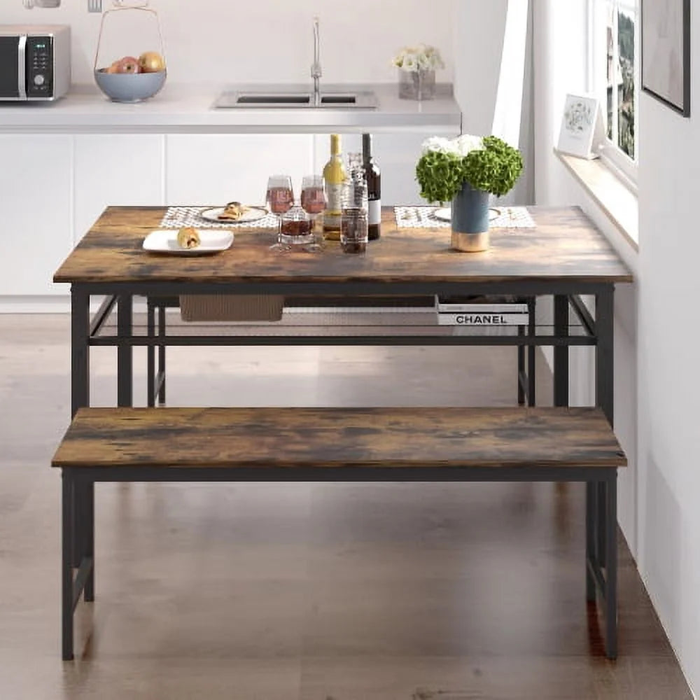 3 Pieces Farmhouse Kitchen Table Set with Two Benches A807
