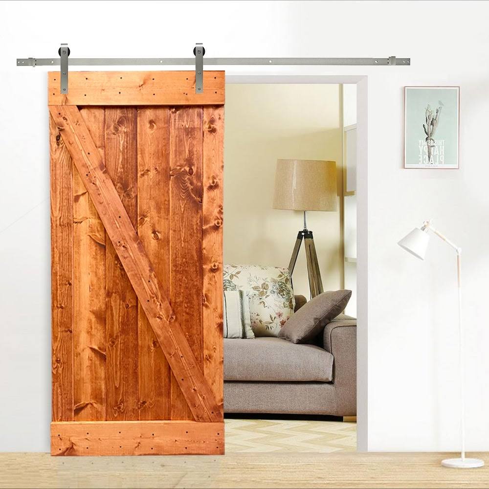 Red Walnut Stained Solid Knotty Pine Wood Interior Sliding Barn Door with Sliding Hardware Kit E5452