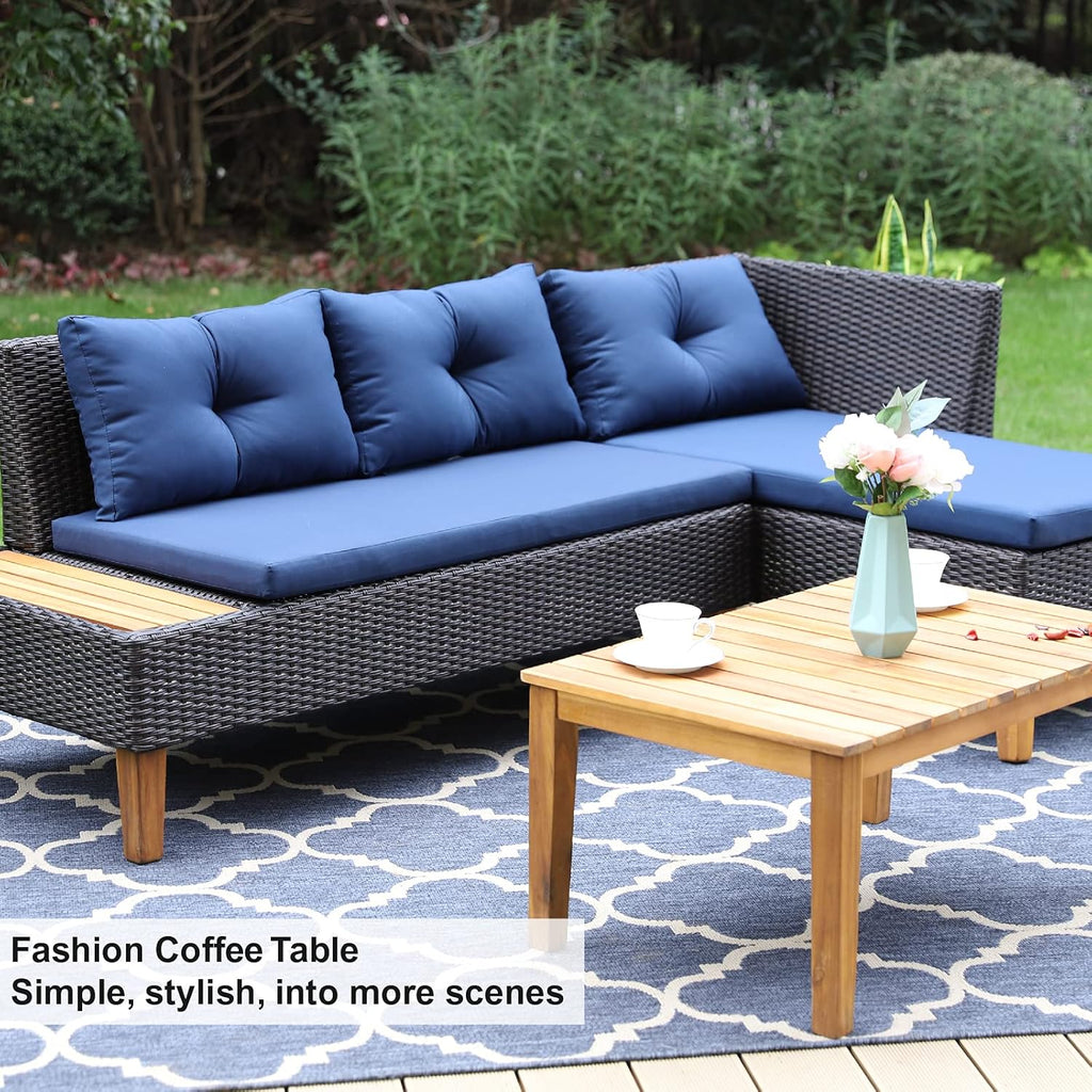 3 Pieces Patio Rattan Wicker and Acacia Wood Sectional Sofa Set Navy Blue T827