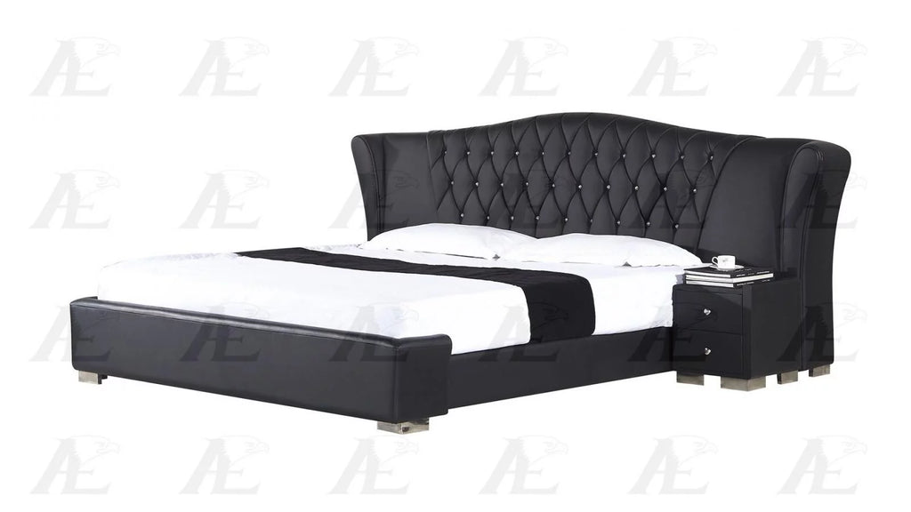 Black PU Cal King Size Bed and 2 Nightstands Set 3Pcs R5615