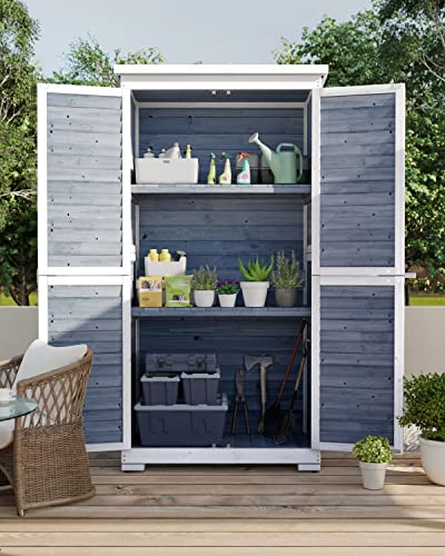 Outdoor Storage Cabinet with 3 Shelves, Double Lockable Wooden Garden Shed with Waterproof Roof C999482