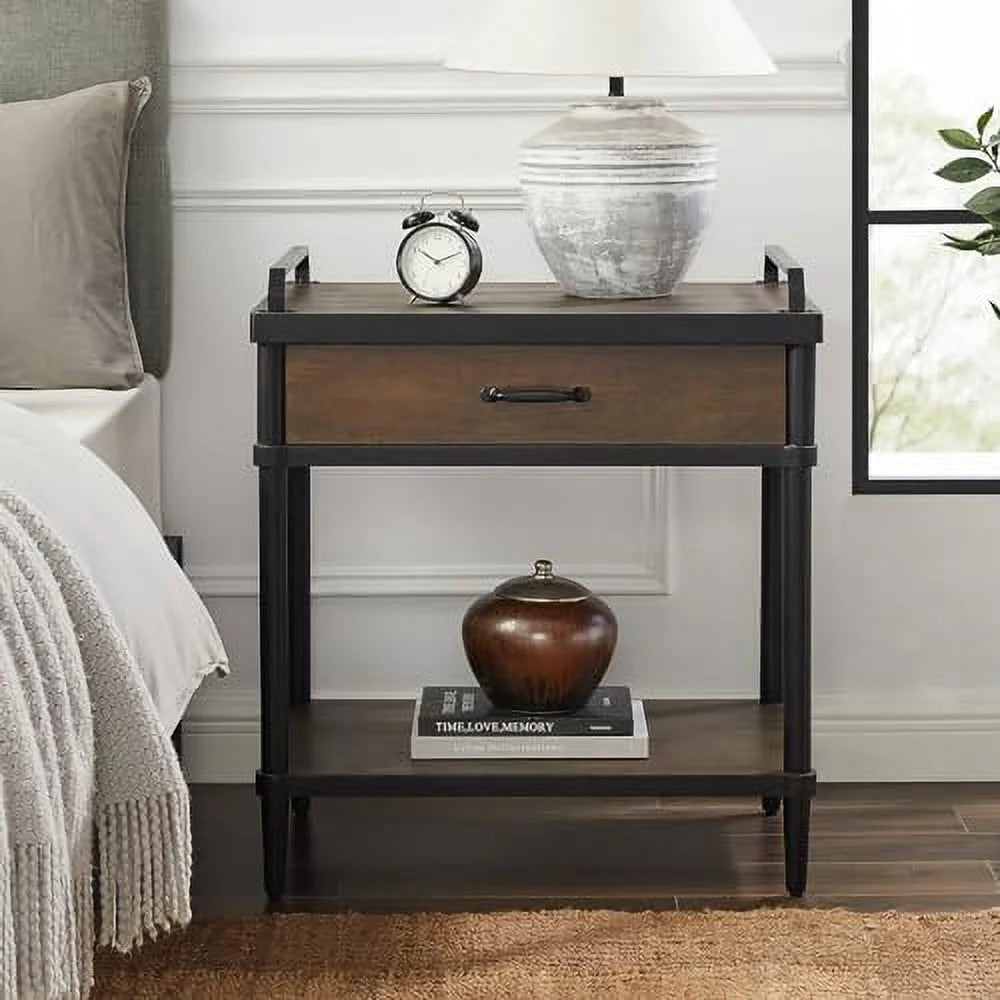 Rustic Brown and Black Nightstand with Drawer and Open Shelf O2081