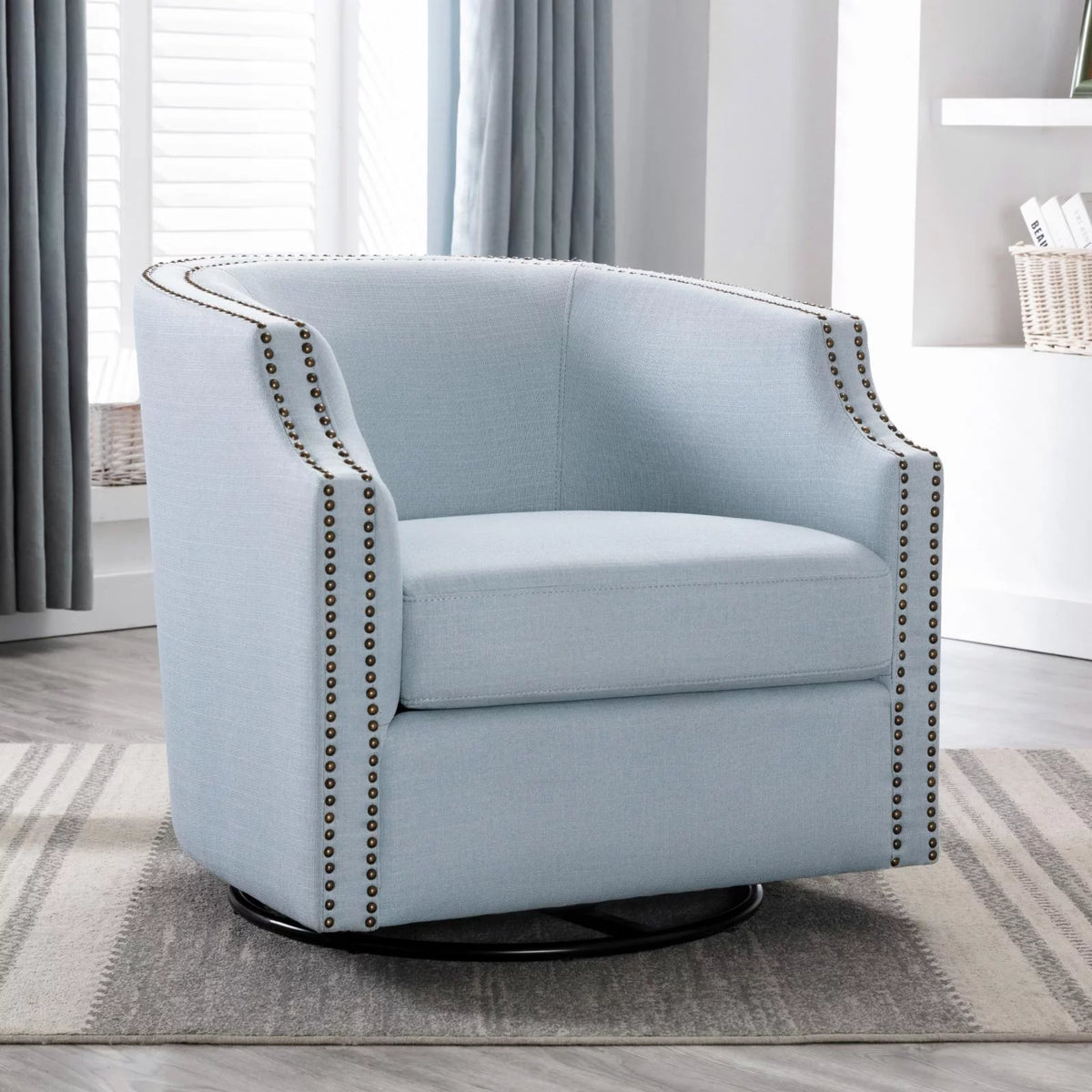 Sky Blue Polyester Linen Swivel Barrel Accent Chair I45314