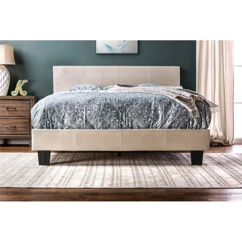 Queen Platform Bed Faux Leather Pearl White N655