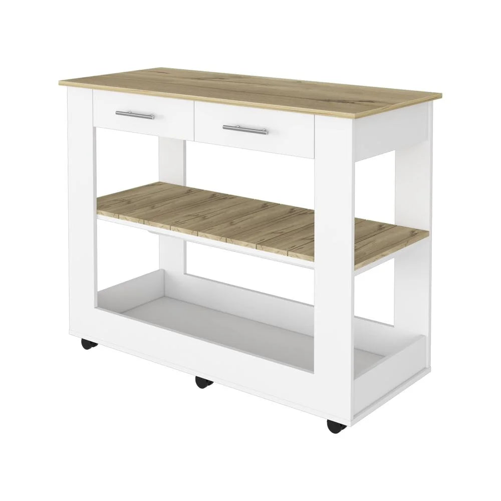 White Engineered Wood Kitchen Island with Two Drawers E455