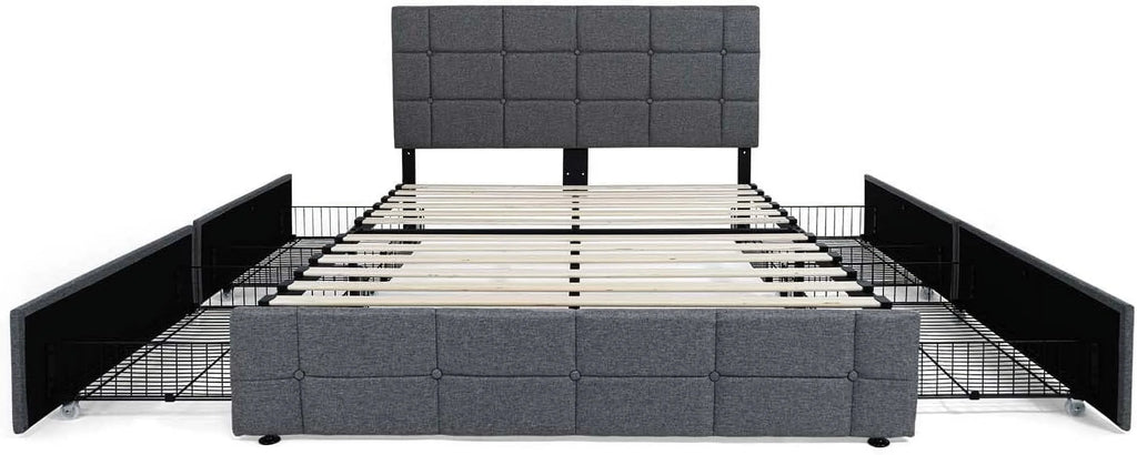 Queen Size Light Grey Upholstered Storage Bed Frame with 4 Drawers U940906
