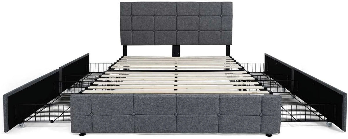 Queen Size Light Grey Upholstered Storage Bed Frame with 4 Drawers U940906