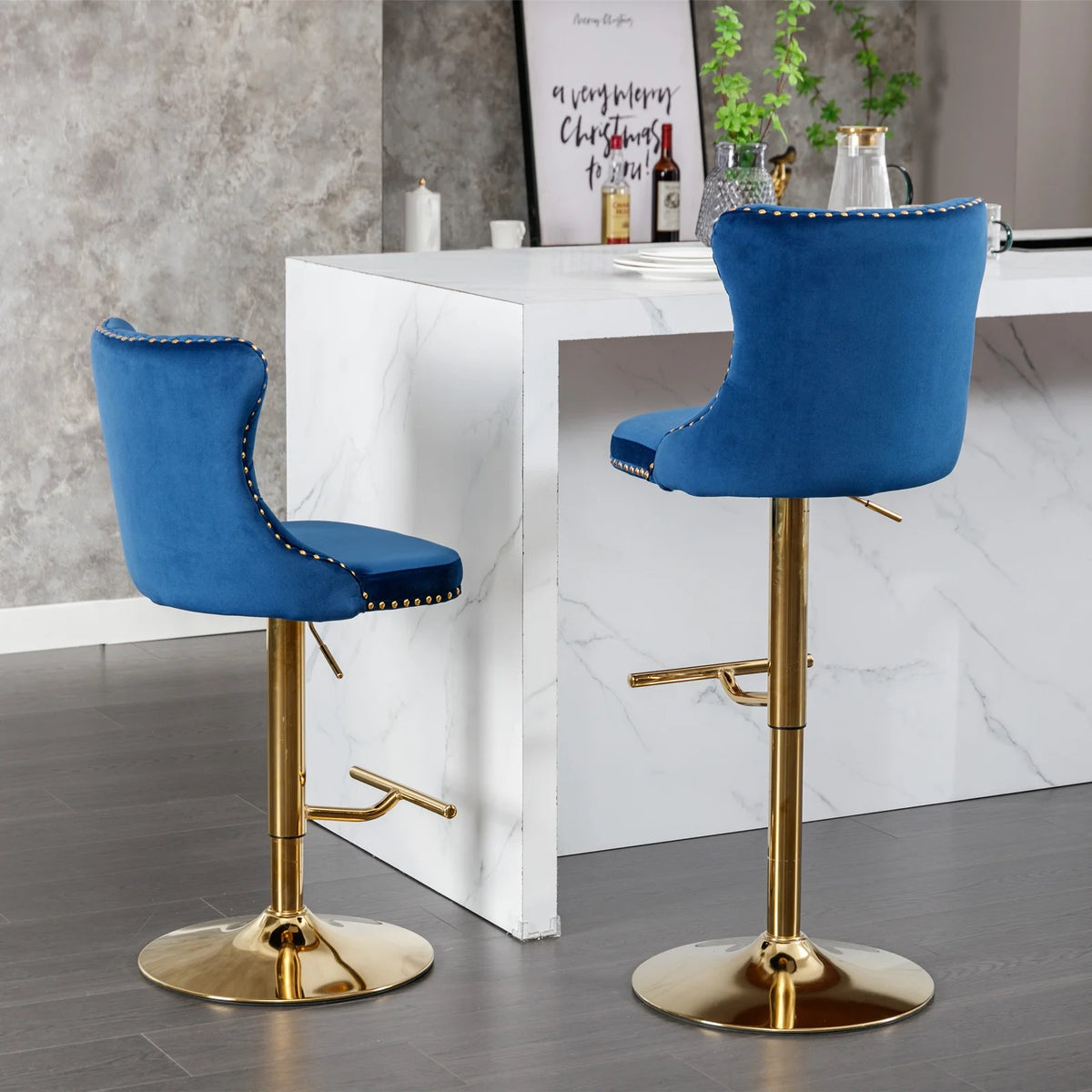 Blue Velvet Swivel Bar Stools with High Back, Set of 2 W8976