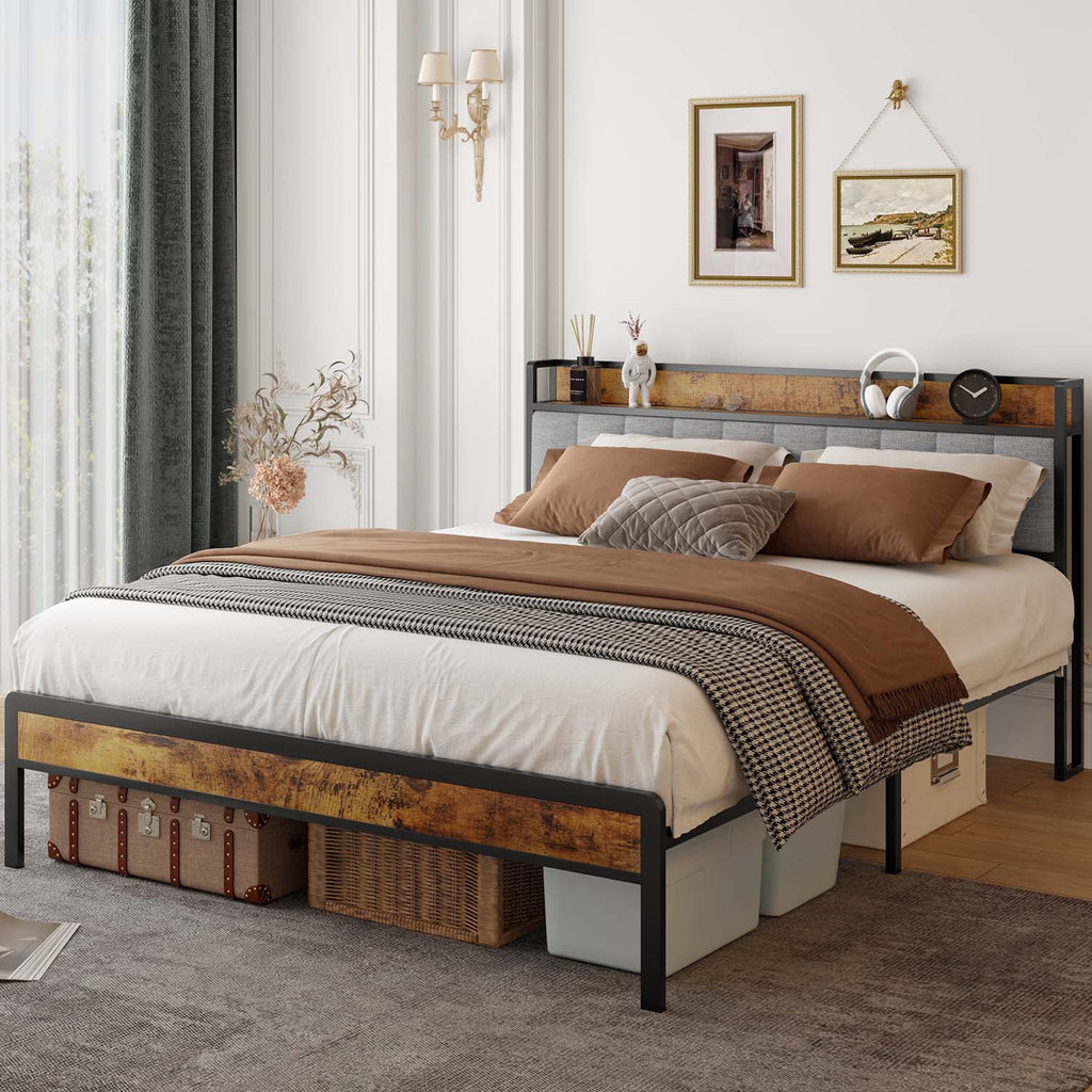 Queen Storage Headboard Metal Platform Bed Frame T457529