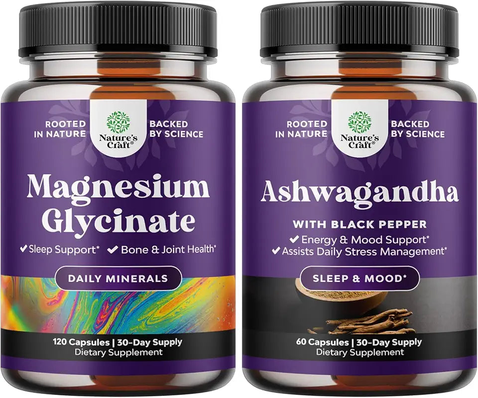 Pure Magnesium Glycinate 400mg and Ashwagandha Root Powder Supplement Capsules V312
