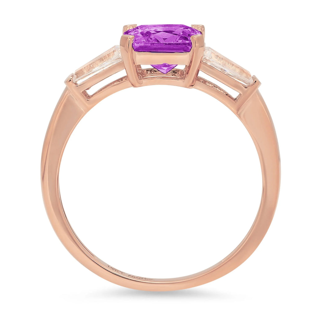 1.62ct Emerald Cut Purple Simulated Alexandrite 18k Rose Gold 3 Stone Ring O724