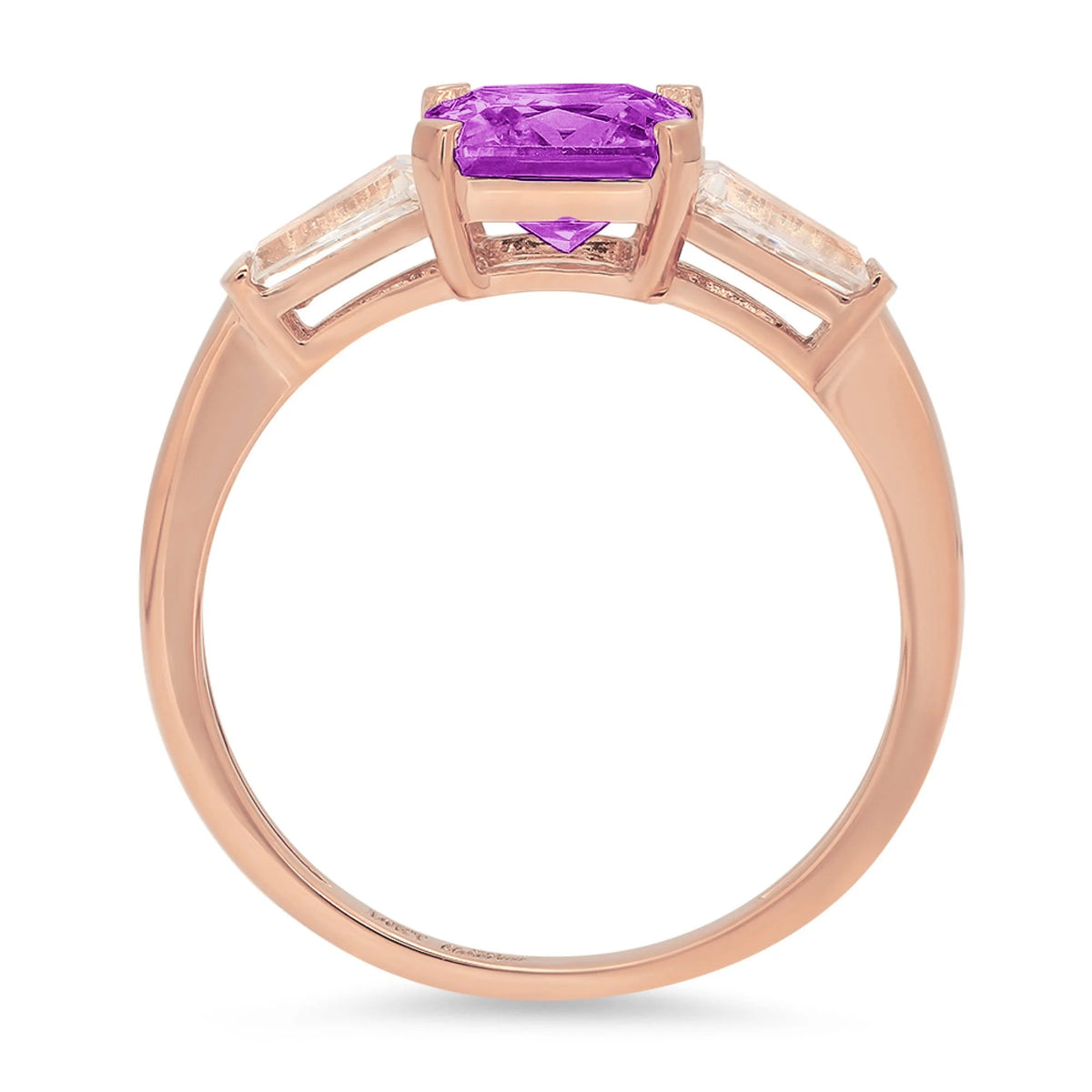 1.62ct Emerald Cut Purple Simulated Alexandrite 18k Rose Gold 3 Stone Ring O724