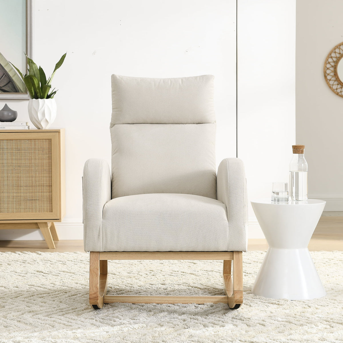White Fabric Upholstered Rocking Chair with Solid Wood Base and 2 Side Pockets Y5266
