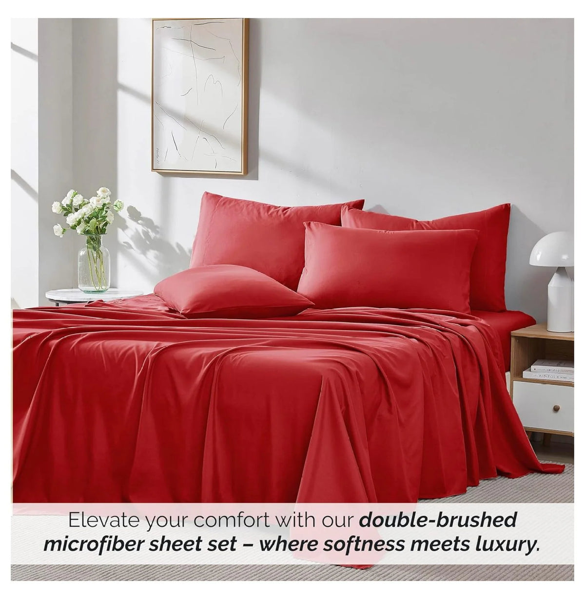 Twin XL 4-Piece Red Bed Sheets with 21" Deep Fitted Sheet T522