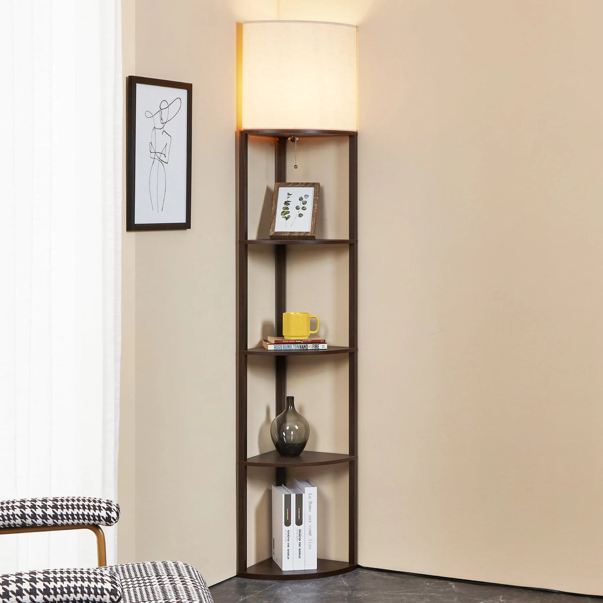 Tall Modern Corner Floor Lamp with Shelves, Natural Wood, 72 Z673050