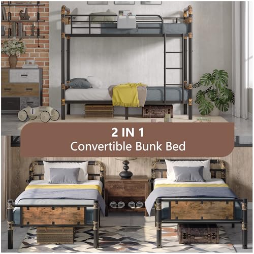 2 IN 1 Metal Bunk Bed Twin Over Twin, Convertible into 2 Individual Twin Size Bed, Vintage Brown W21903