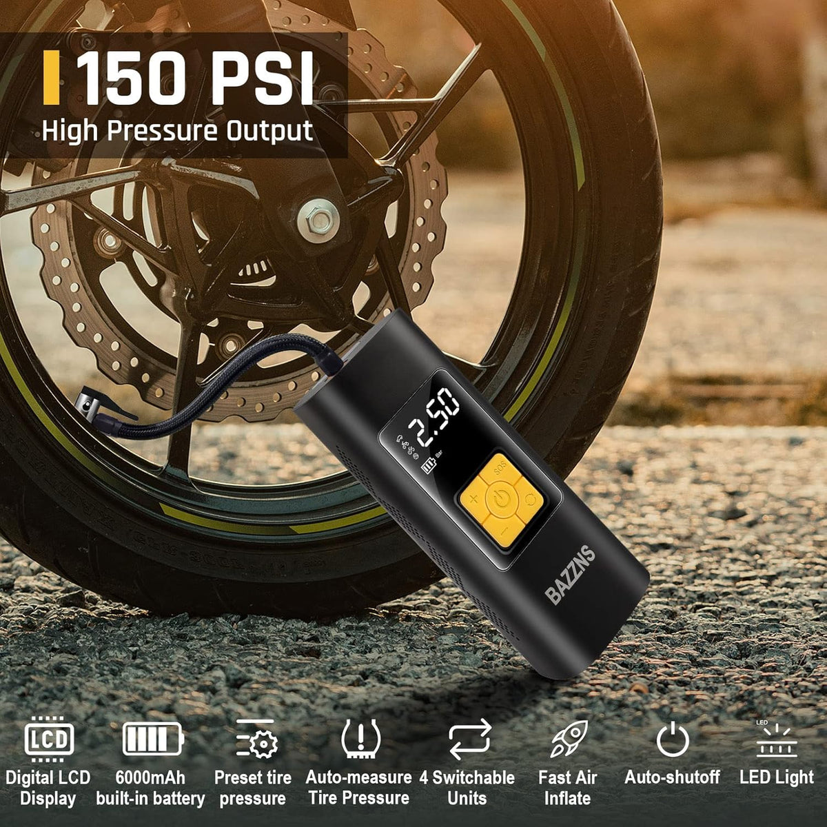 Cordless Tire Inflator Portable Air Compressor with 6000 mAh Battery Pressure Gauge LED Light D782137