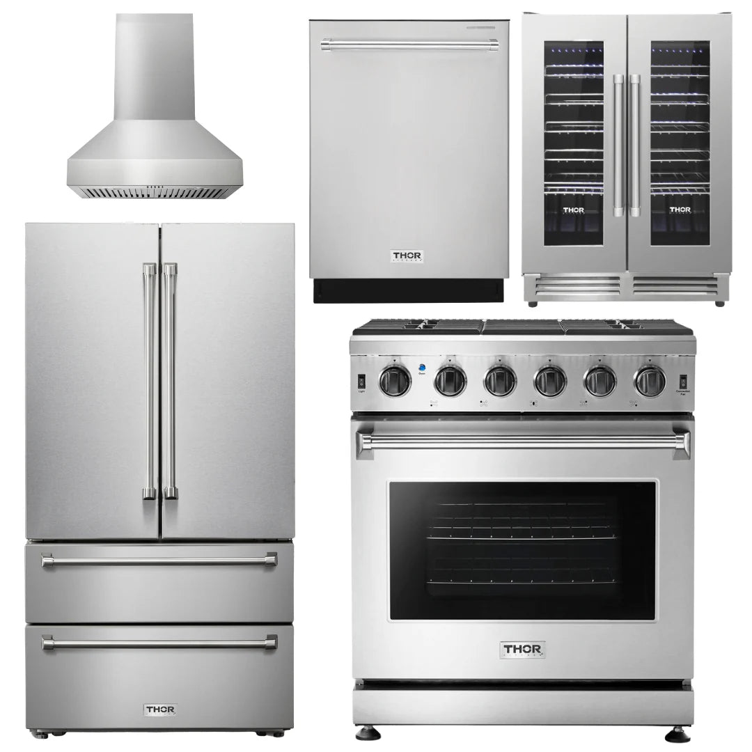 30 Gas Range, Range Hood, Refrigerator, Dishwasher, Wine Cooler T321