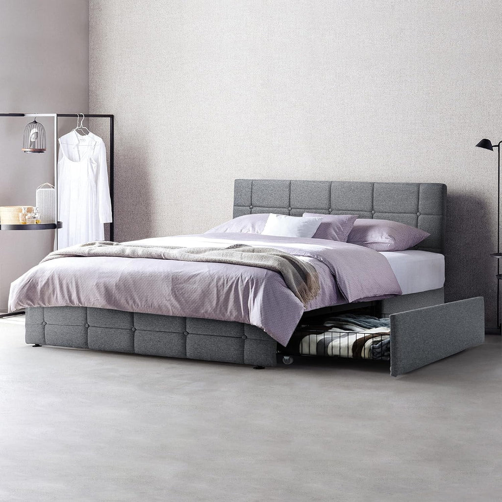 Queen Size Light Grey Upholstered Storage Bed Frame with 4 Drawers U940906