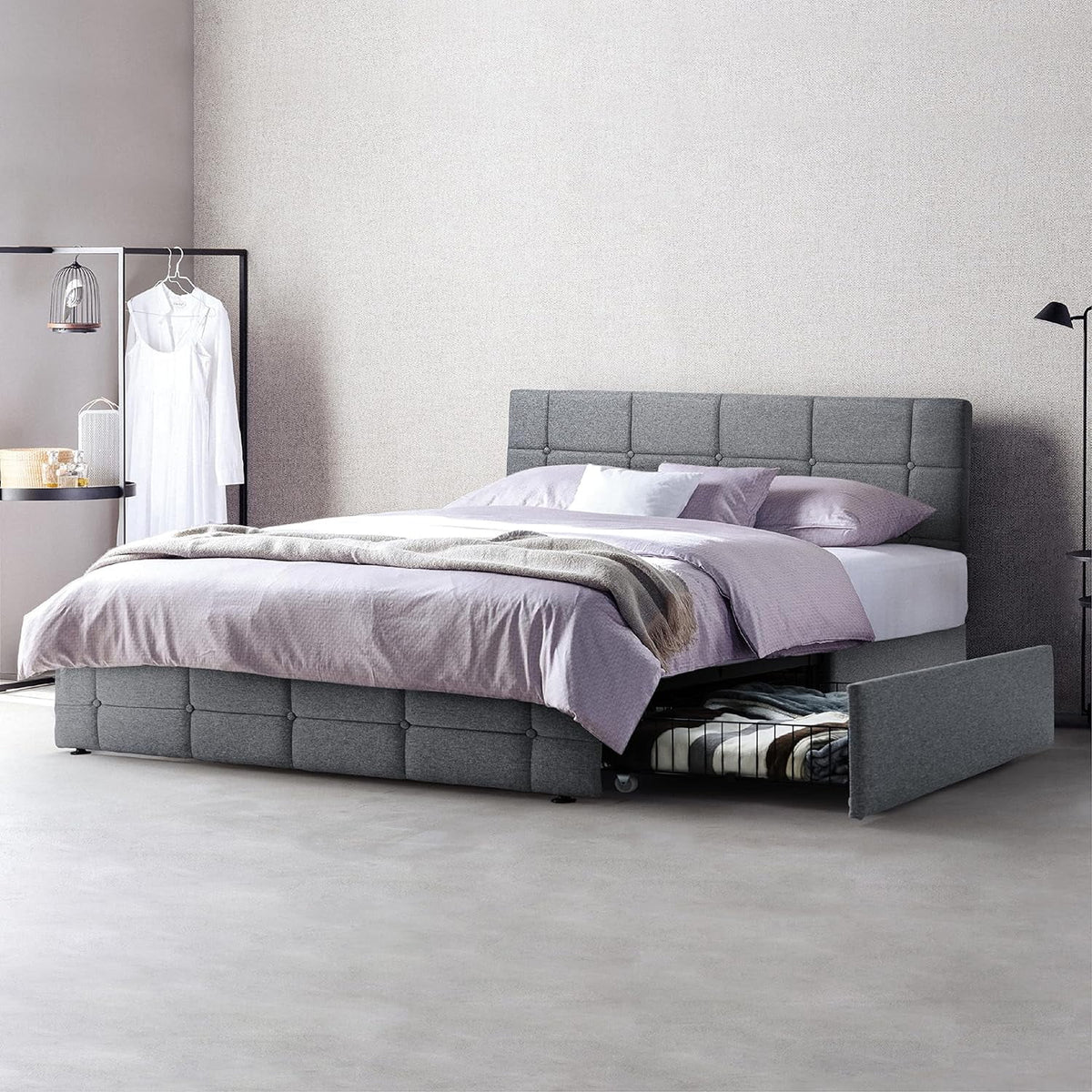 Queen Size Light Grey Upholstered Storage Bed Frame with 4 Drawers U940906