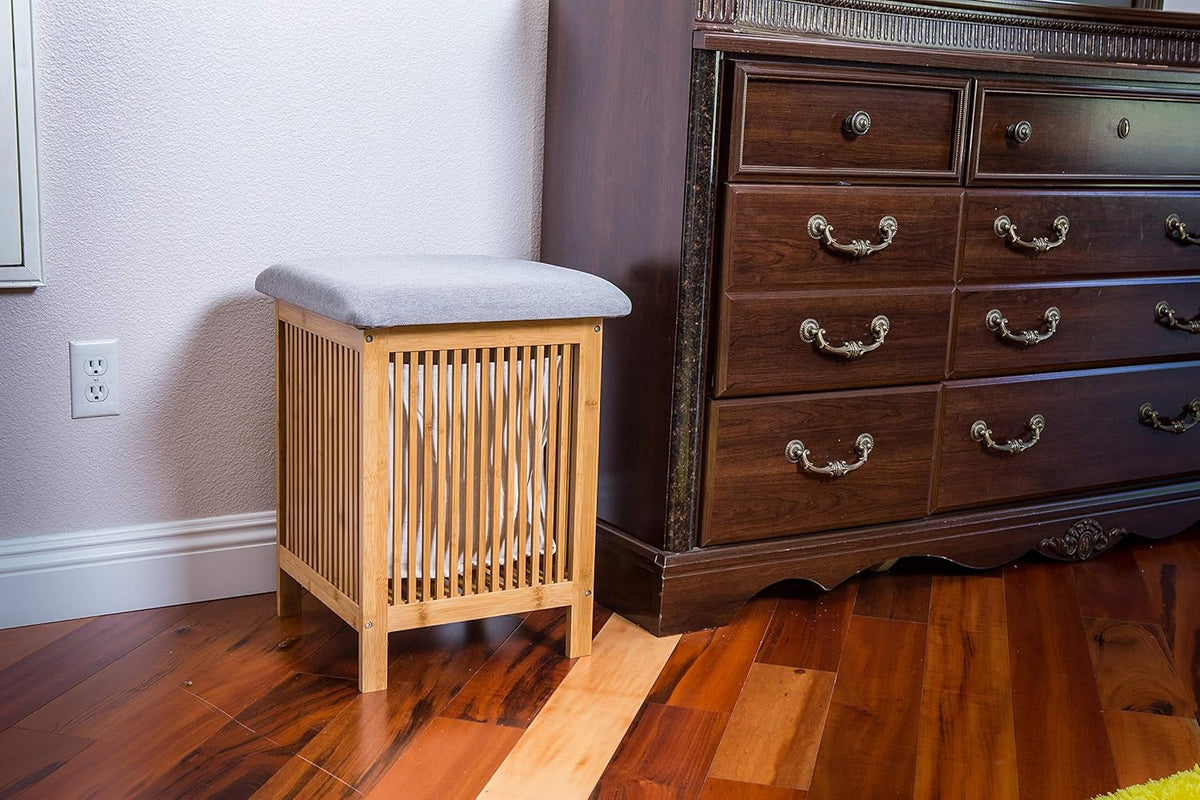 Bamboo Laundry Storage Basket Ottoman 21 Inch Tall Brown and White A719