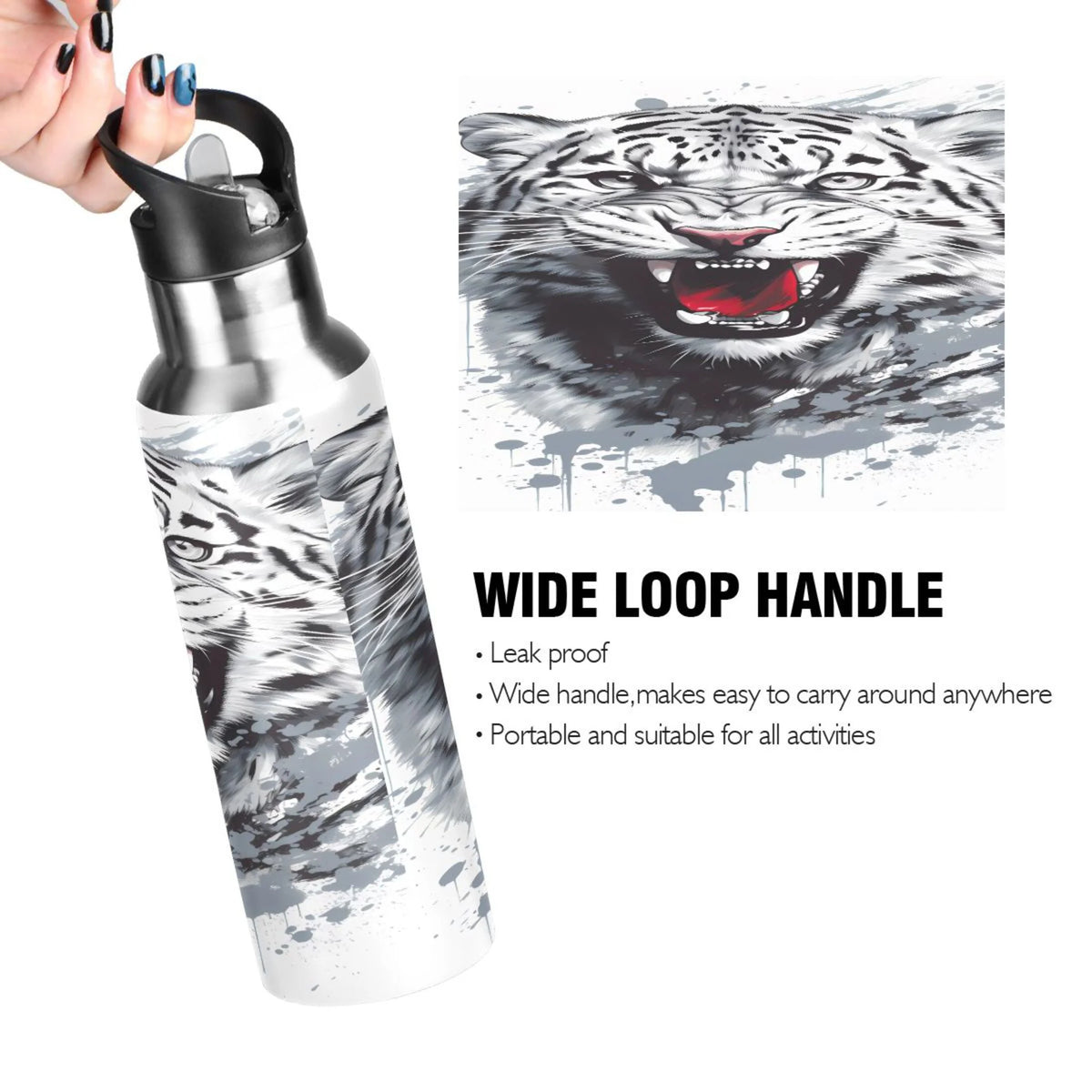 Black and White Stainless Steel Insulated Water Bottle with Straw Lid U3323