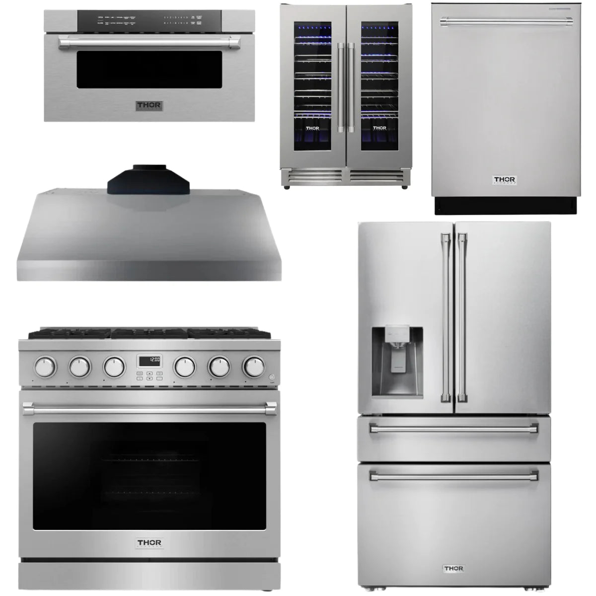 36 Gas Range, Range Hood, Refrigerator, Dishwasher, Microwave and Wine Cooler G8233