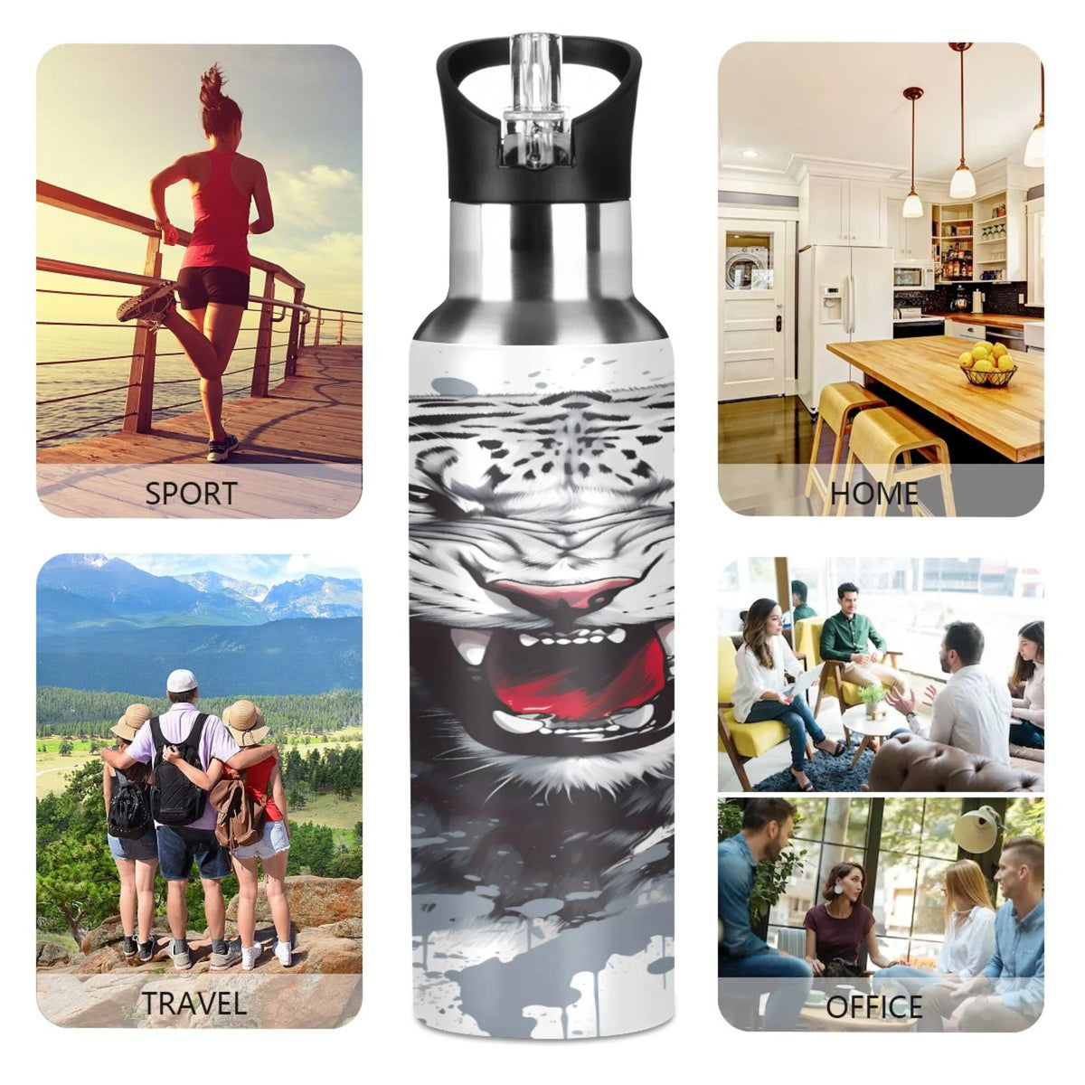 Black and White Stainless Steel Insulated Water Bottle with Straw Lid U3323