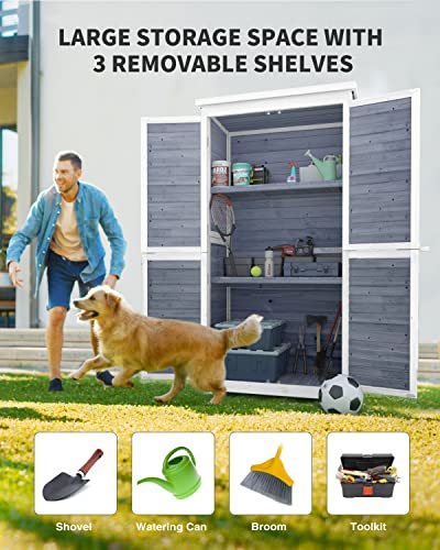 Outdoor Storage Cabinet with 3 Shelves, Double Lockable Wooden Garden Shed with Waterproof Roof C999482