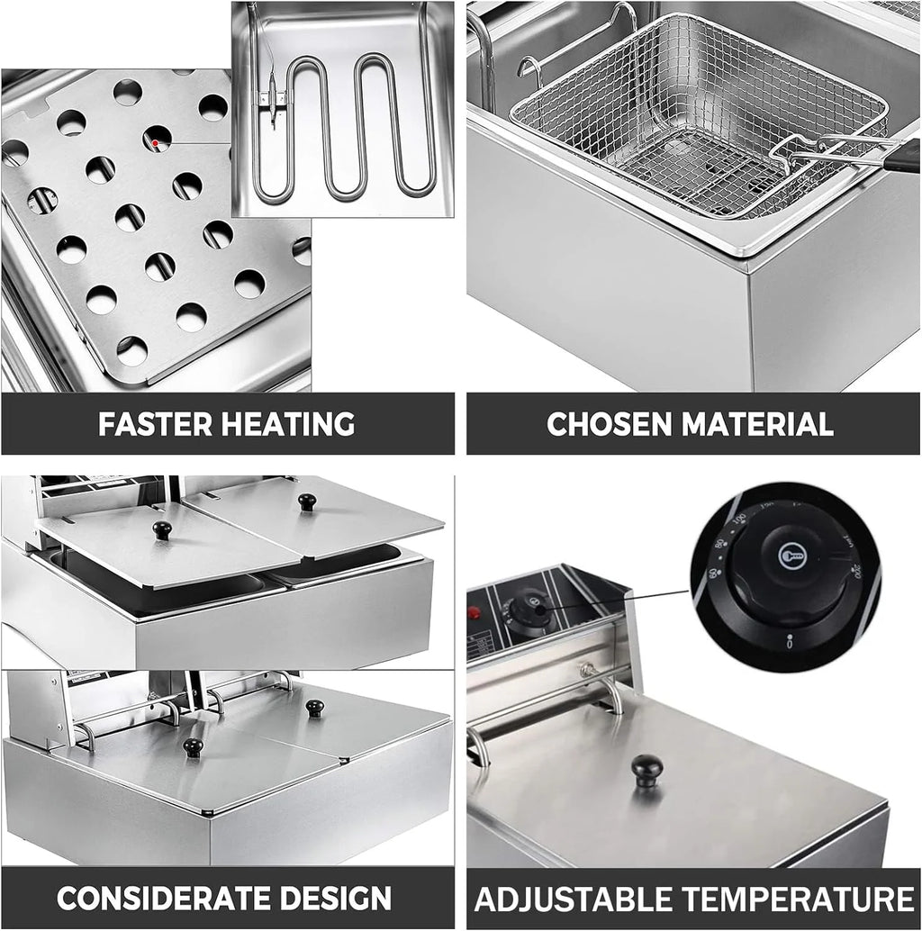 6 L Stainless Steel Electric Deep Fryer with Basket and Lid V23044