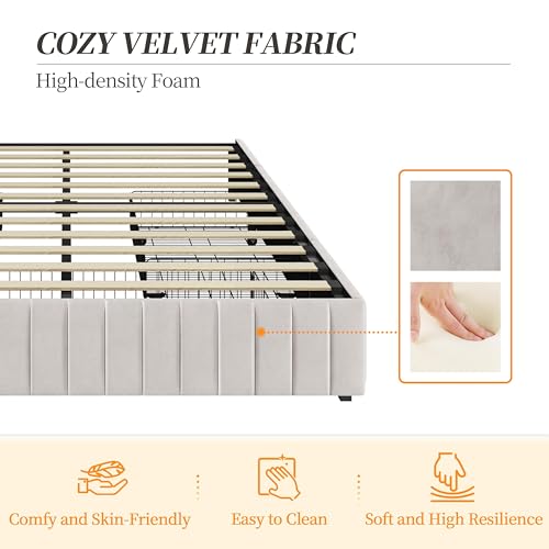 Beige Queen Upholstered Platform Bed Frame with 3 Storage Drawers L66232