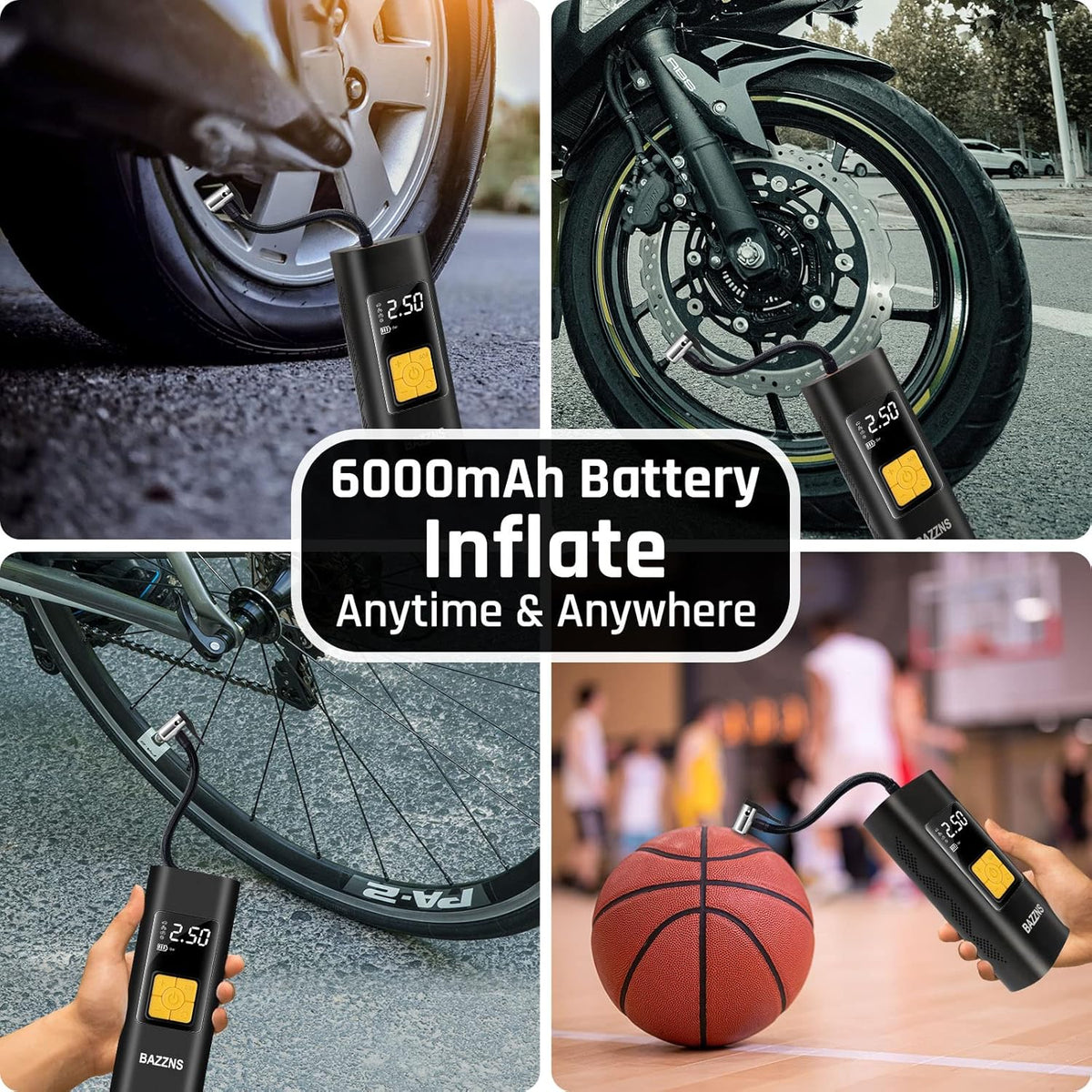 Cordless Tire Inflator Portable Air Compressor with 6000 mAh Battery Pressure Gauge LED Light D782137