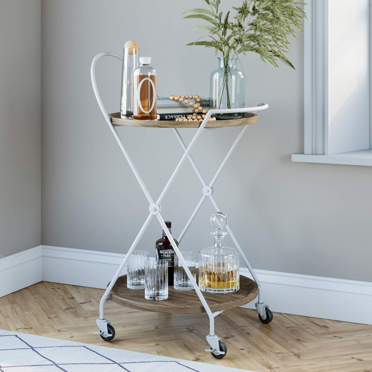 Rolling Bar Tea or Cocktail 2-Tiered Serving Cart Metal Frame Oak Wood Shelf M9266