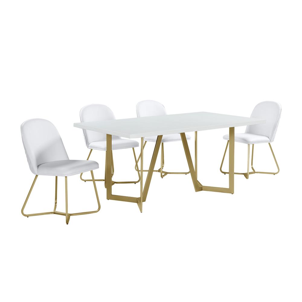 5pc White Wood Top Rectangle Dining Table with 4 White Faux Leather Chairs X838