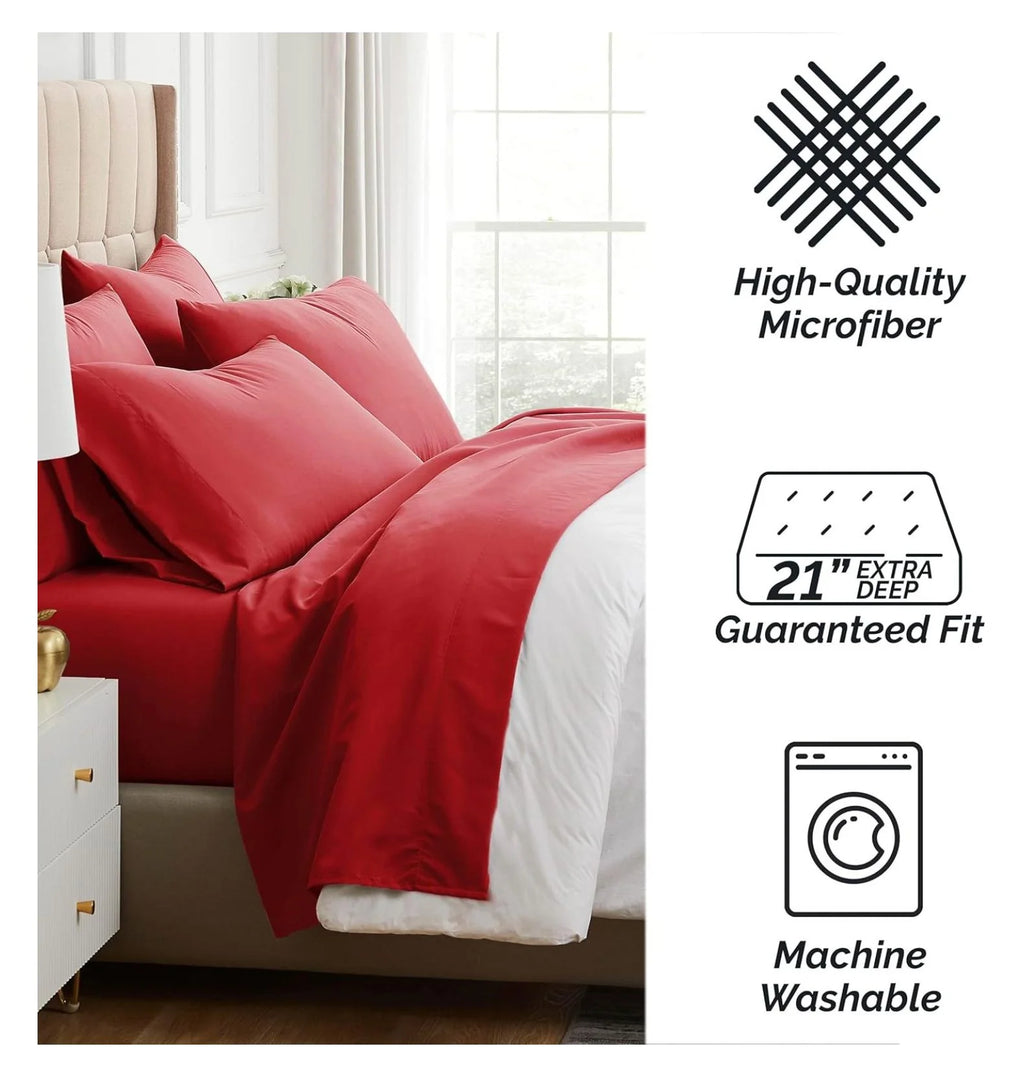 Twin XL 4-Piece Red Bed Sheets with 21" Deep Fitted Sheet T522