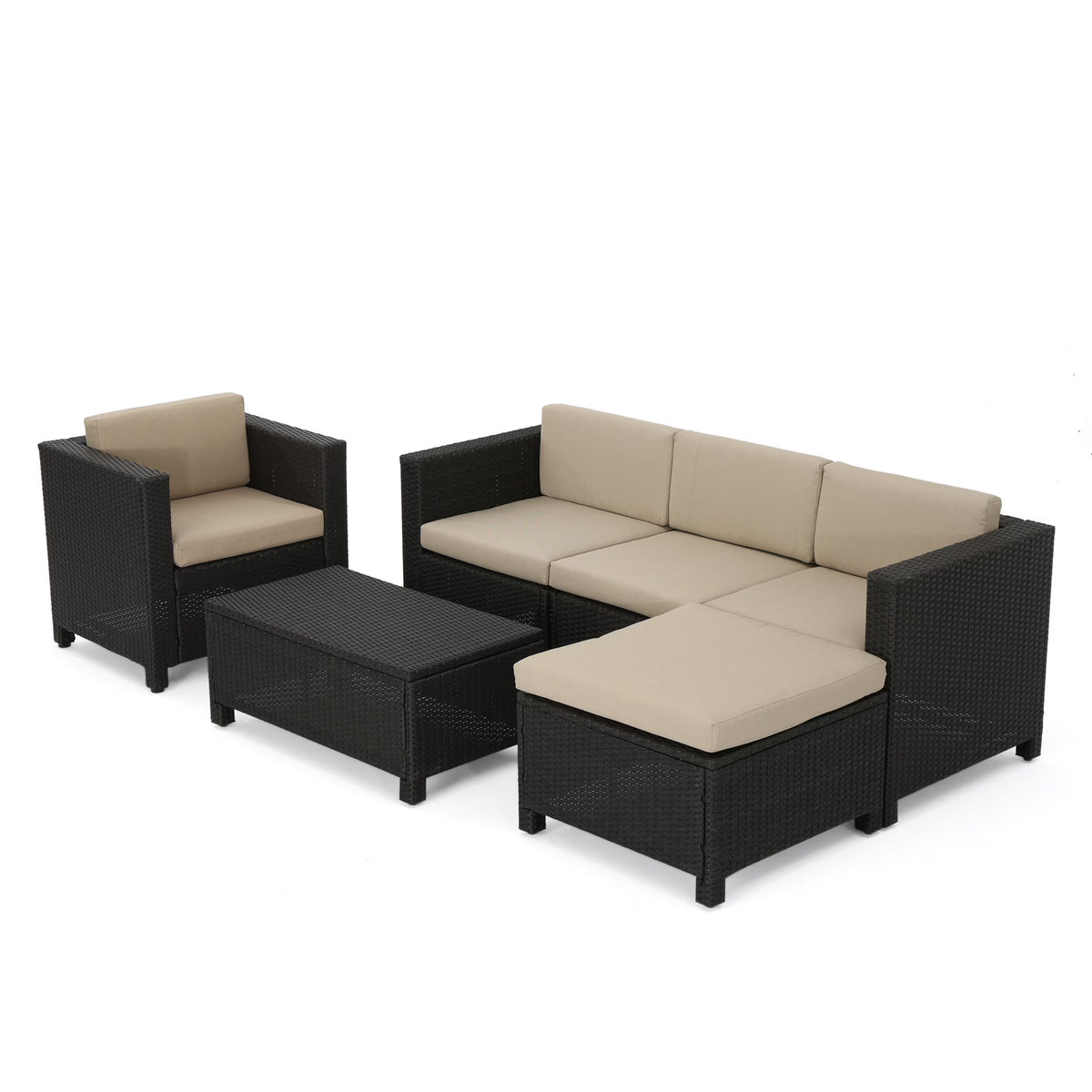 Brown and Beige Wicker L-Shaped Sectional Sofa Set T7661