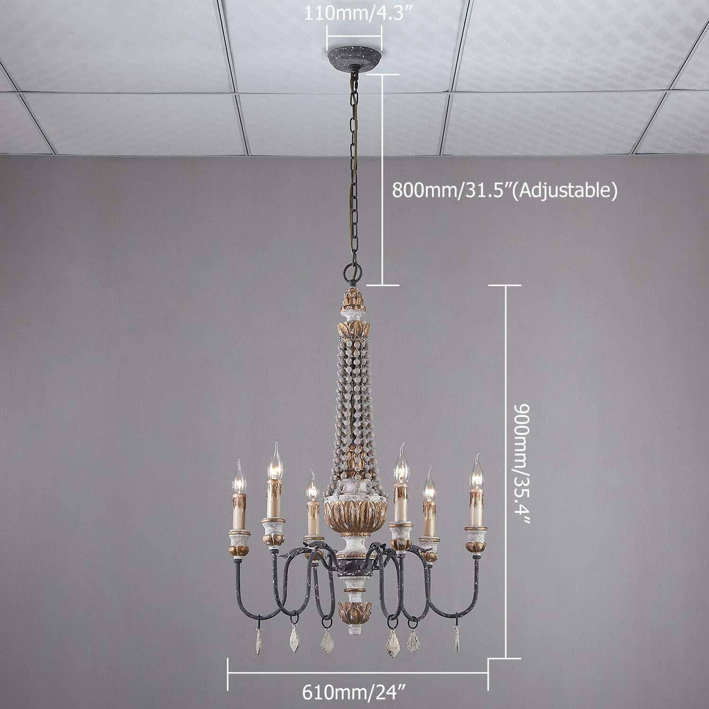 Retro Rustic 6-Light Wood Metal Crystal Candle Style Chandelier N52511