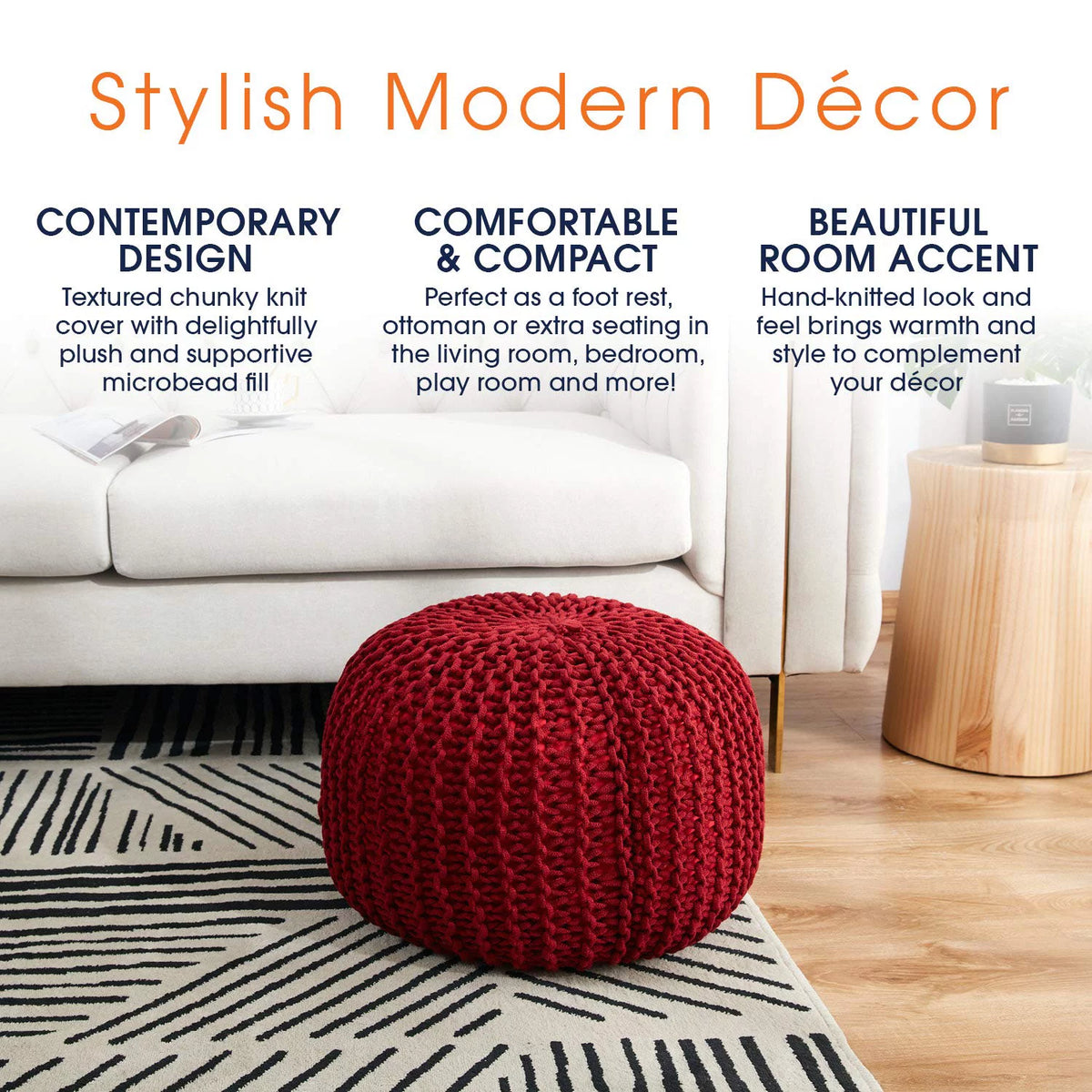 18" Chunky Hand-Knit Round Ottoman Pouf L126576