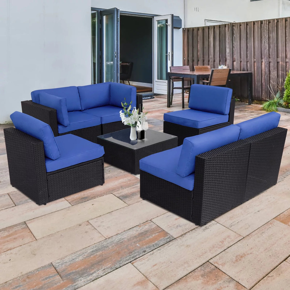 7 Pc Outdoor Rattan Wicker Sectional Sofa Set with Dark Blue Cushions Z334365