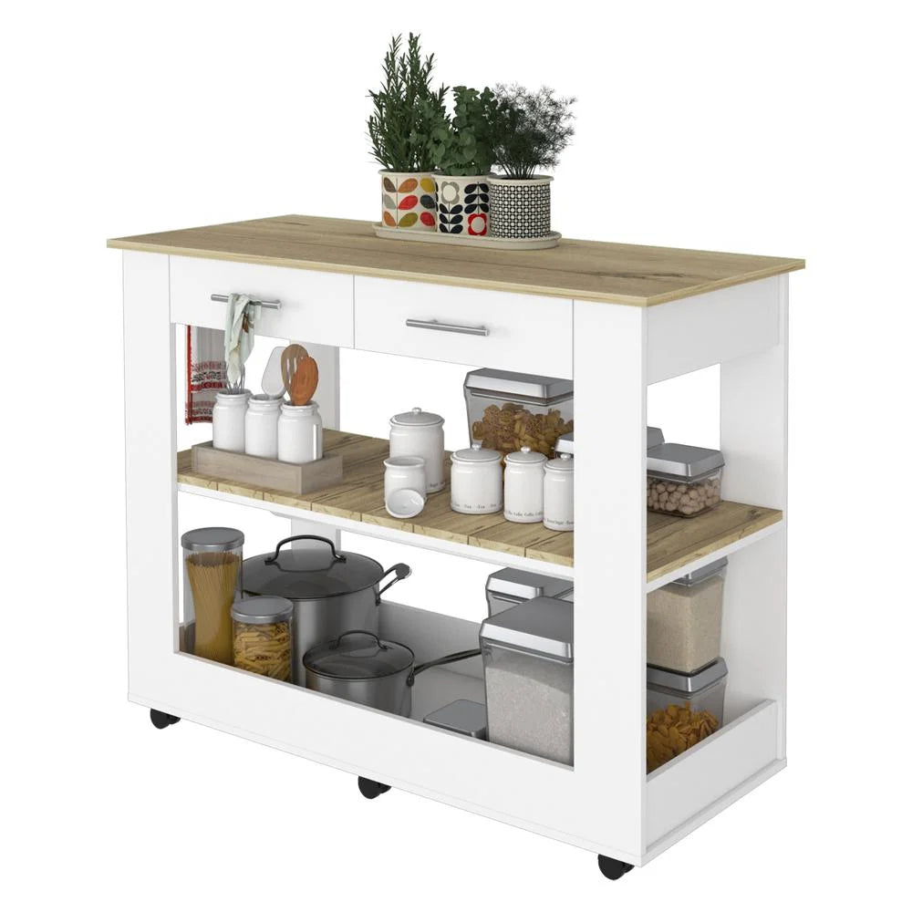 White Engineered Wood Kitchen Island with Two Drawers E455