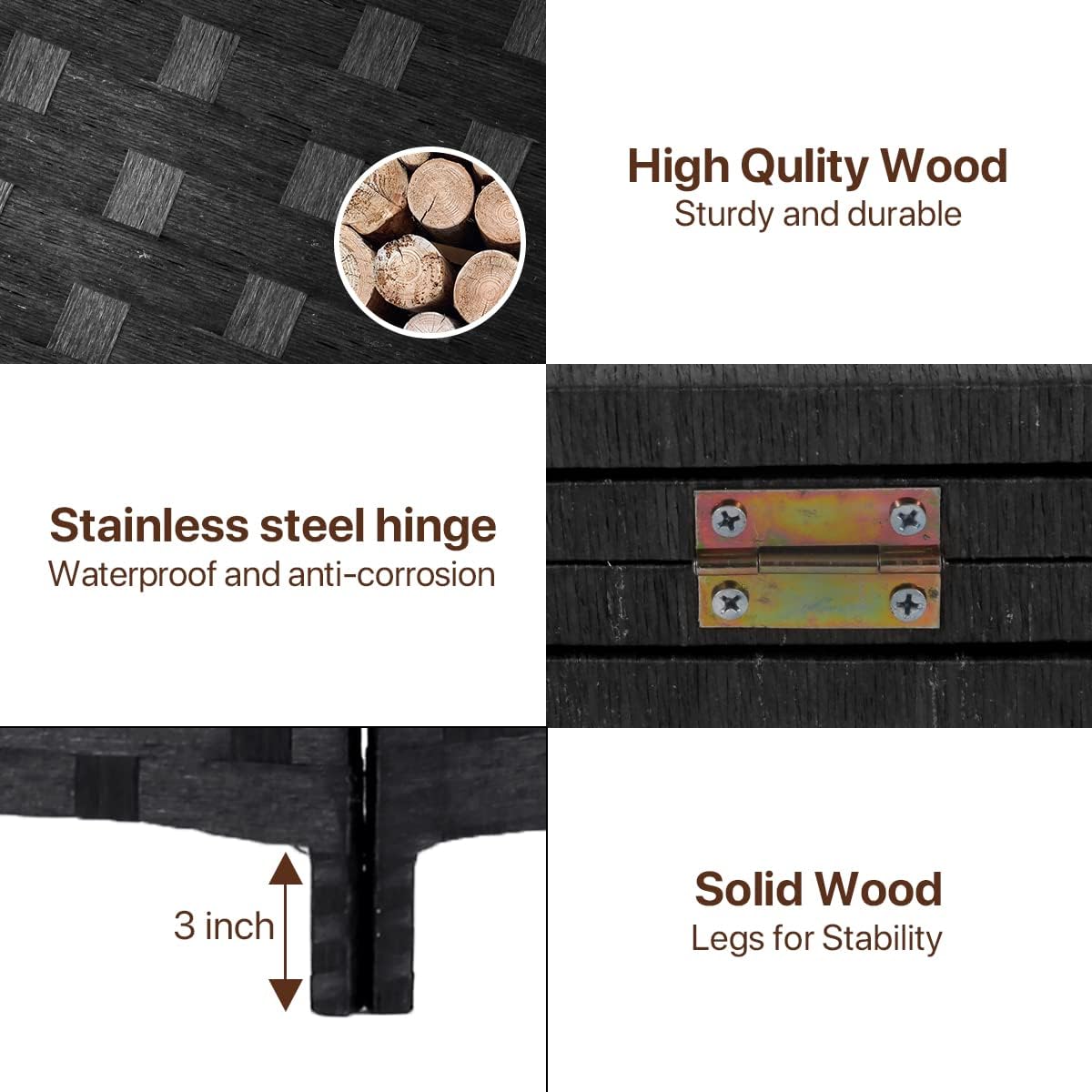 Black 4 Panel 6 ft Folding Wood Room Divider P196