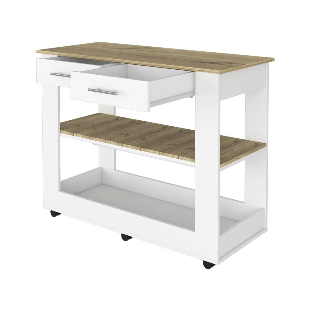 White Engineered Wood Kitchen Island with Two Drawers E455