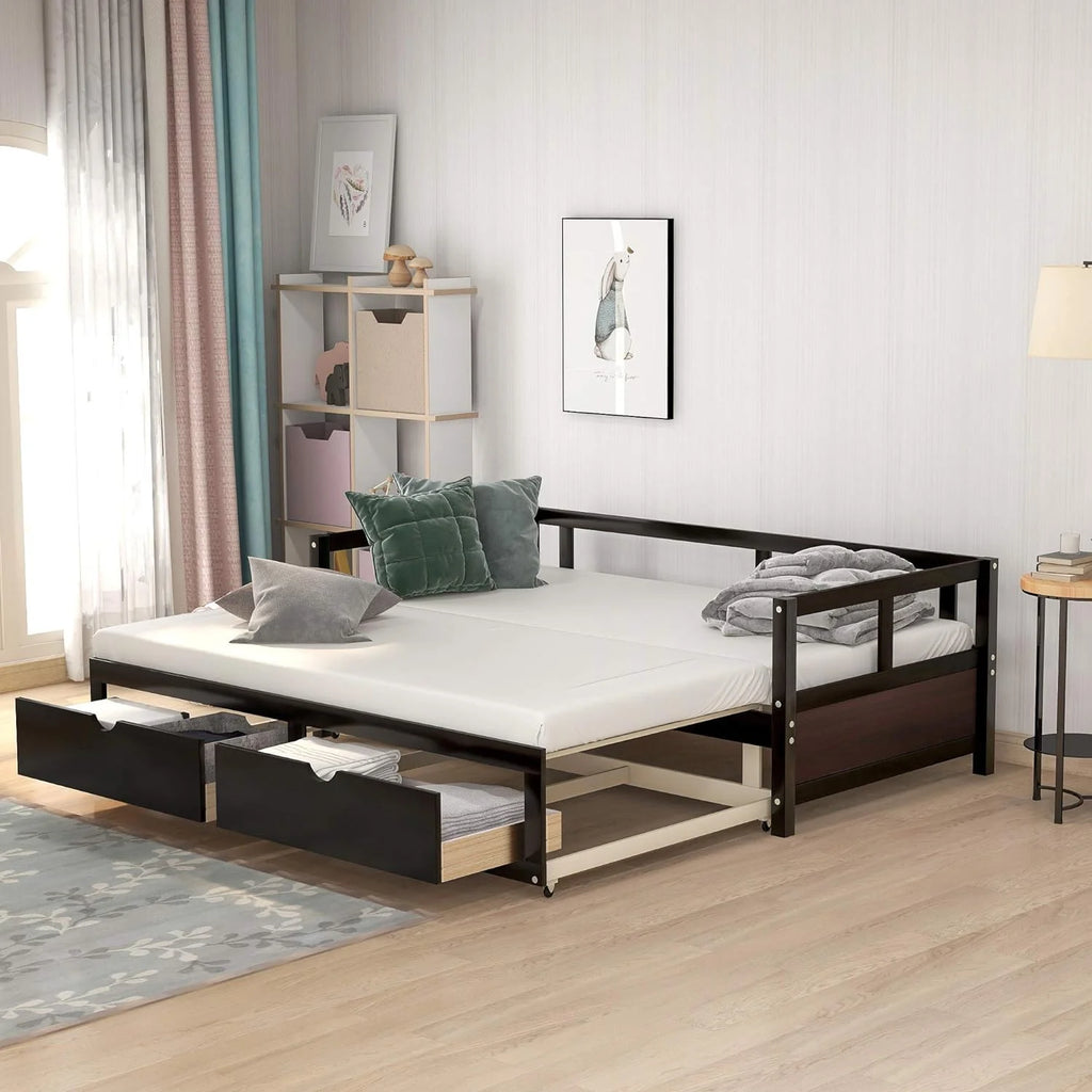 Wooden Extendable Daybed with Trundle and 2 Storage Drawers A6825