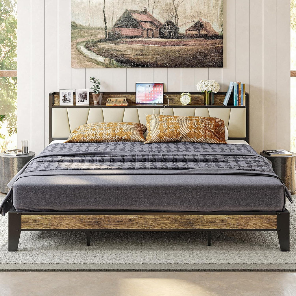 King Bed Frame with Storage Headboard and Charging Station R71304