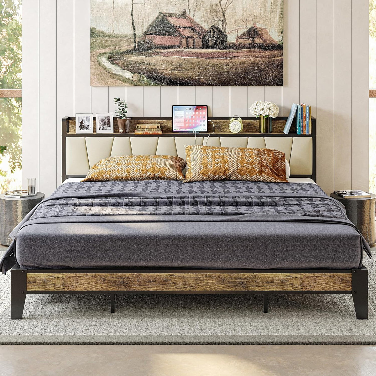 King Bed Frame with Storage Headboard and Charging Station R71304