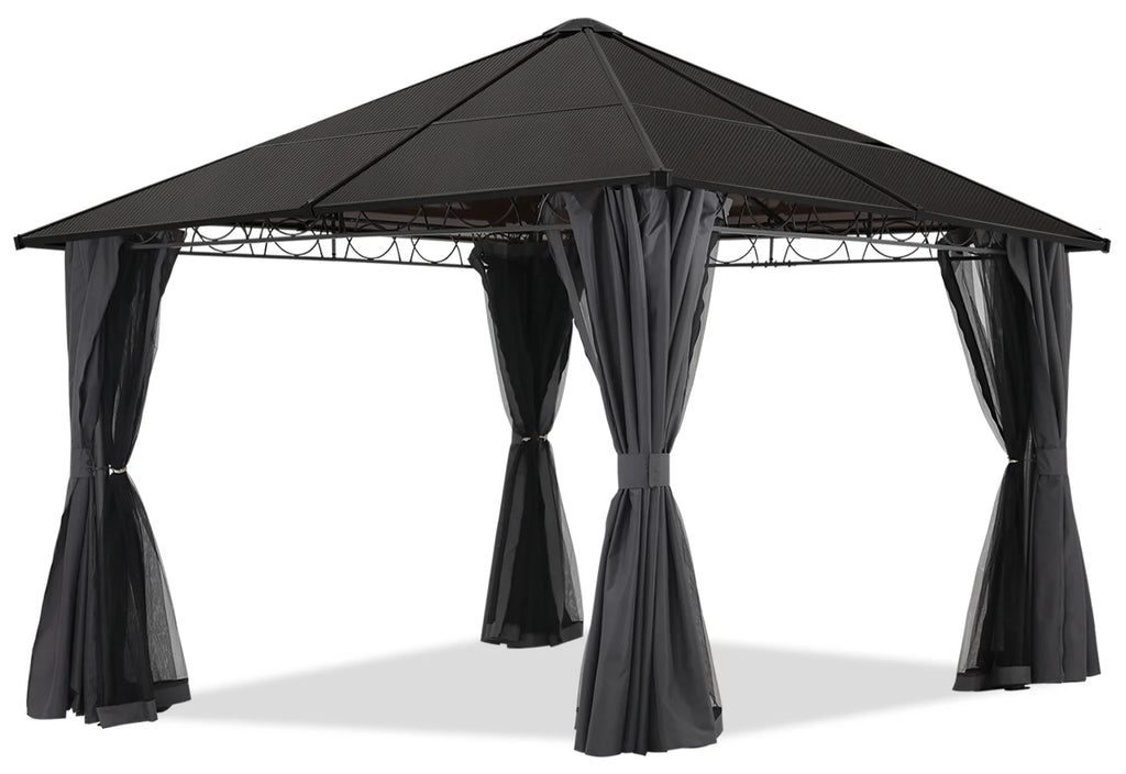 10x10 Hardtop Patio Gazebo with Netting and Screen Walls Curtains, Dark Gray W615