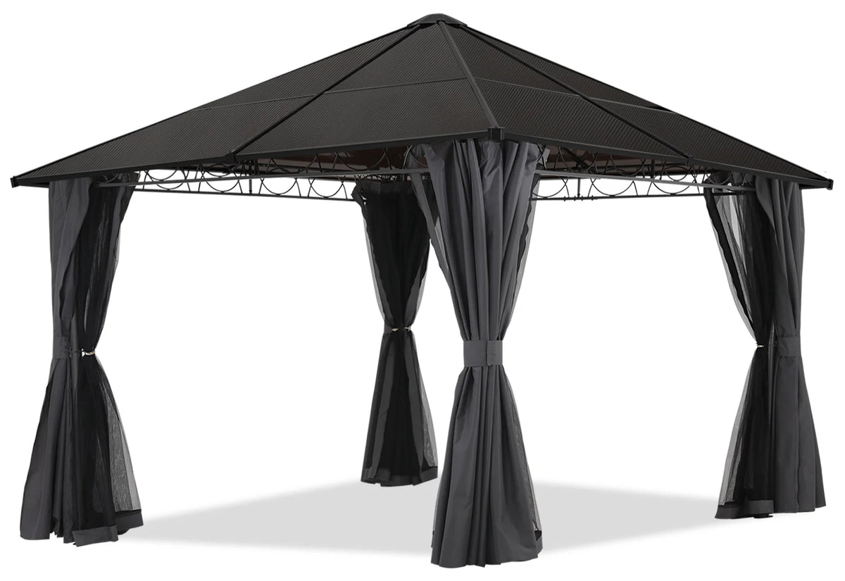 10x10 Hardtop Patio Gazebo with Netting and Screen Walls Curtains, Dark Gray W615