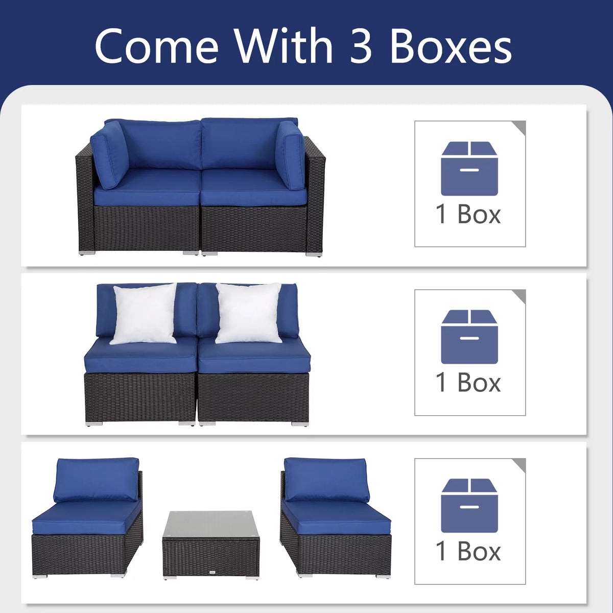 7 Pc Outdoor Rattan Wicker Sectional Sofa Set with Dark Blue Cushions Z334365