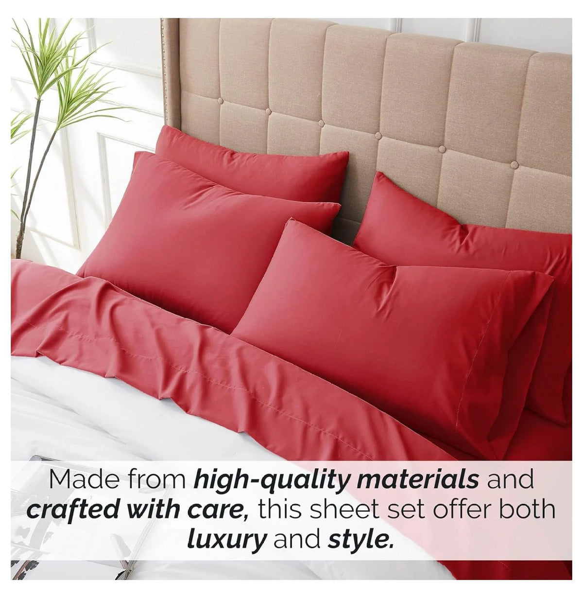 Twin XL 4-Piece Red Bed Sheets with 21" Deep Fitted Sheet T522