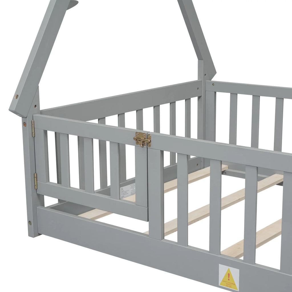 Twin Size Grey Wooden Floor Bed with Guardrail L353